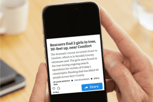 Copypasta (900 x 600 px) A person considers reposting a post on a phone that is actually "copypasta." Illustration by News Decoder.