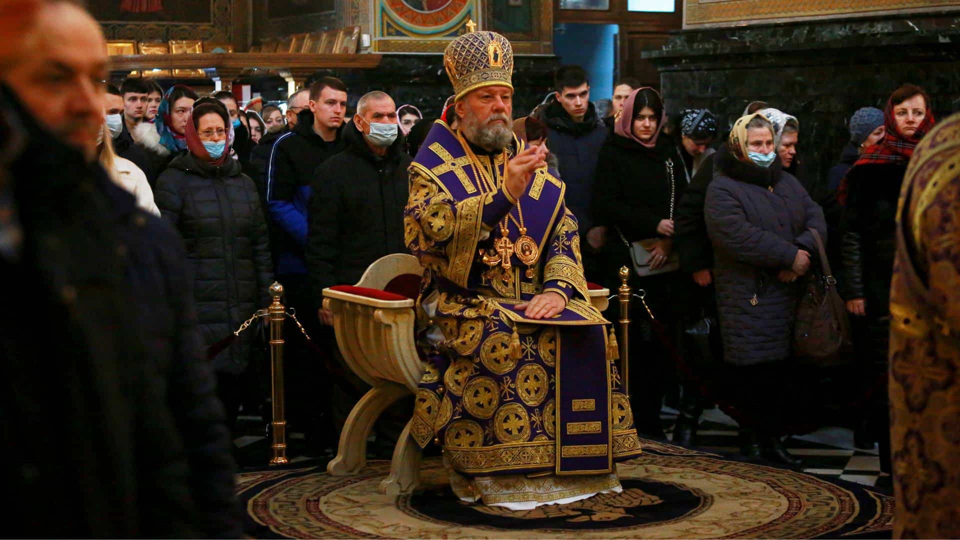Clerics conduct a service in St.Volodymyr Cathedral on Orthodox Christmas eve in Kyiv.