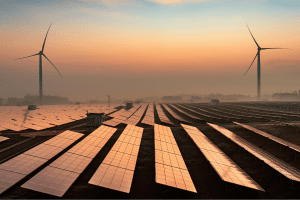 Renewables A solar farm and wind turbines