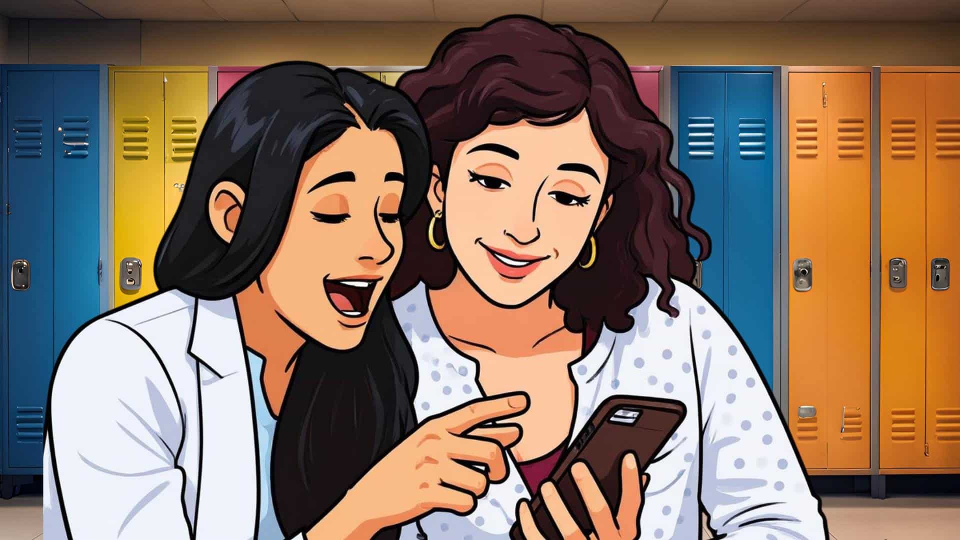 Two teen girls swap gossip.