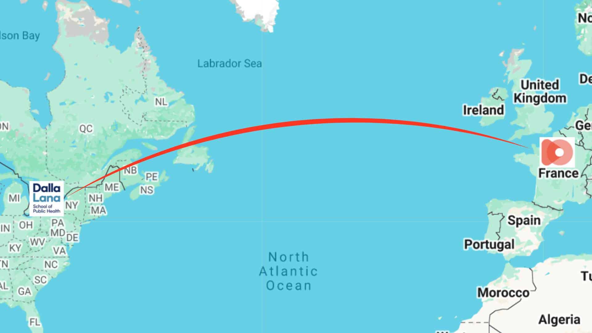 A map connecting Toronto to Paris