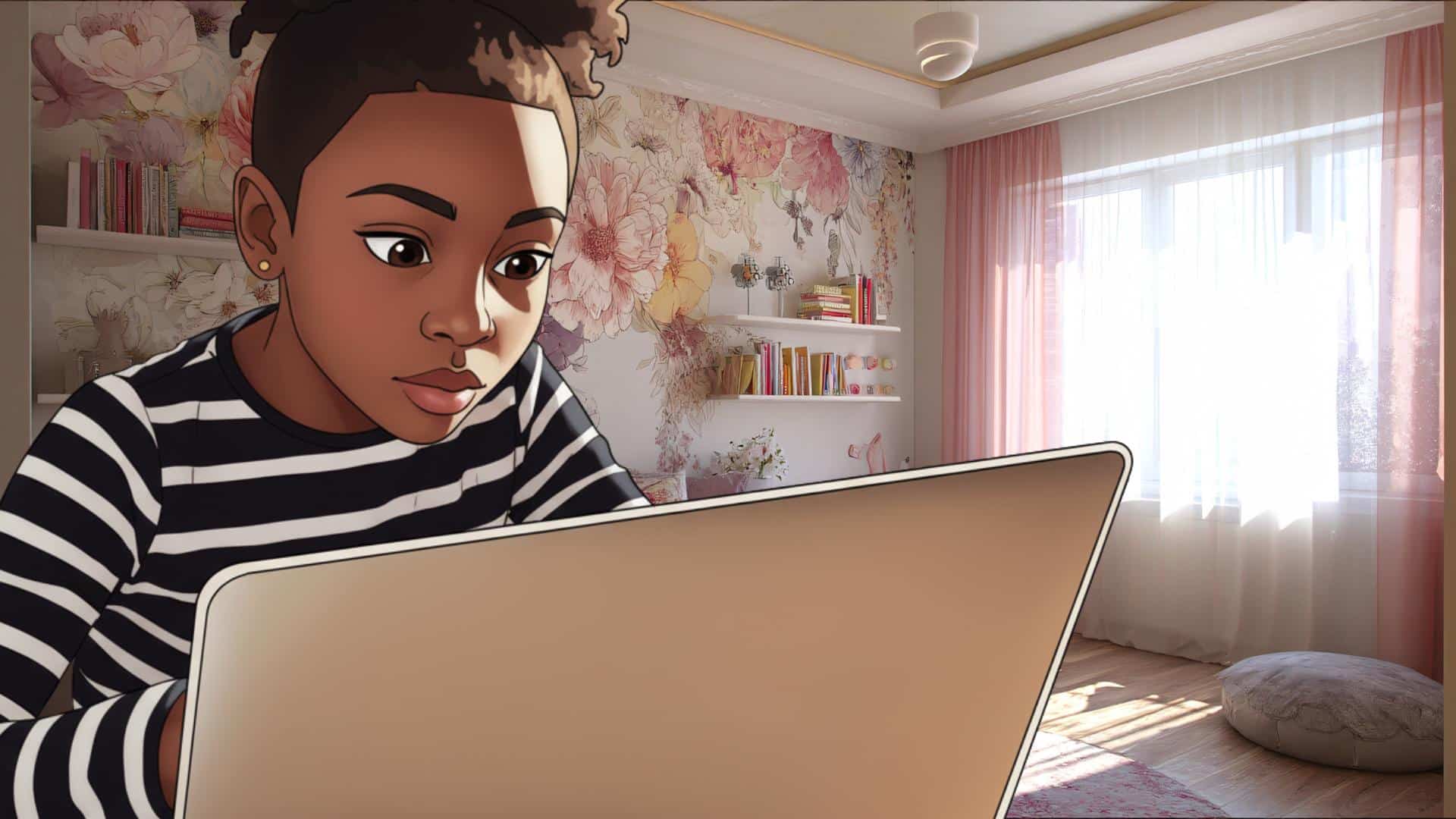 A young girl stares at a computer screen. 