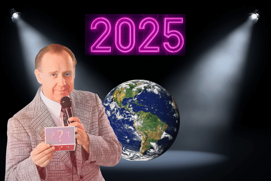 An emcee reads a quiz question.