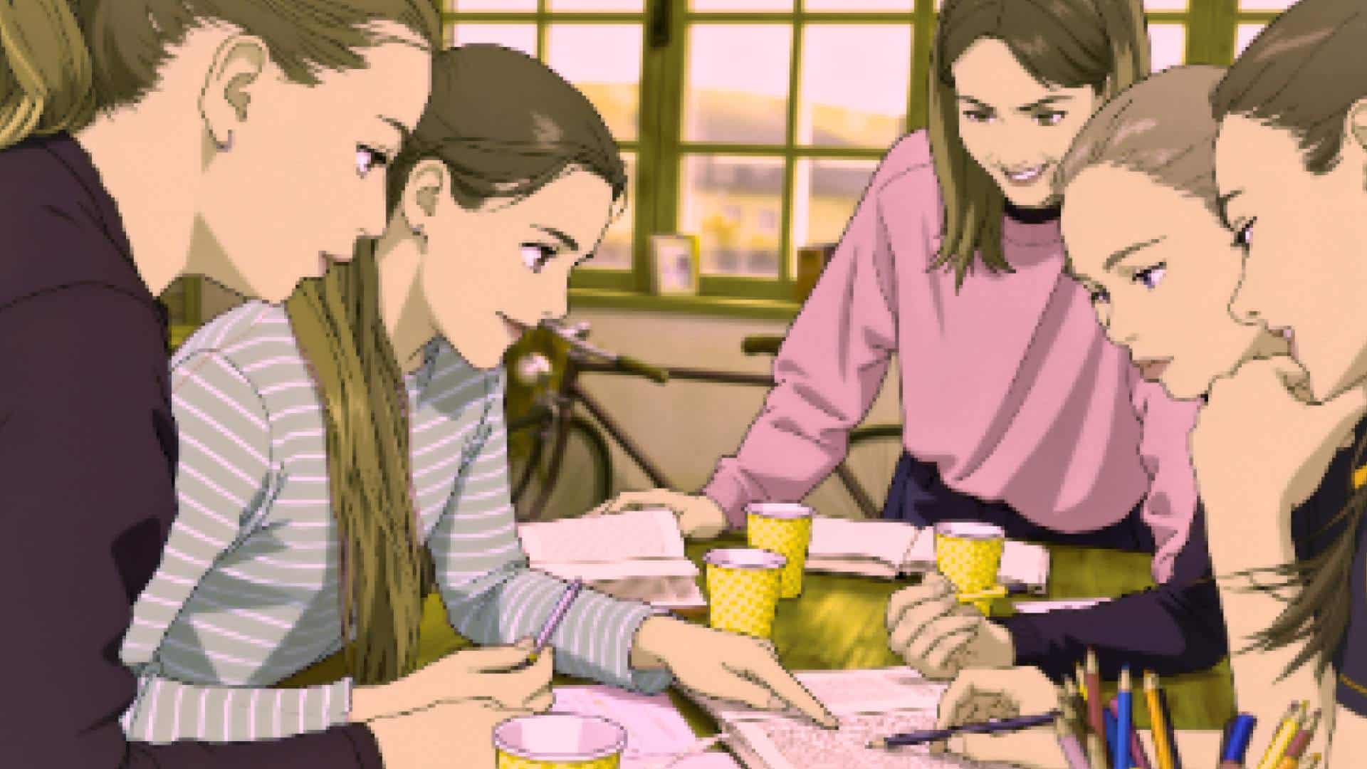 A group of teens work on a problem together. 