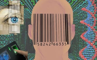 A bar code covers a faceless man as DNA and computer code swirl in the background.