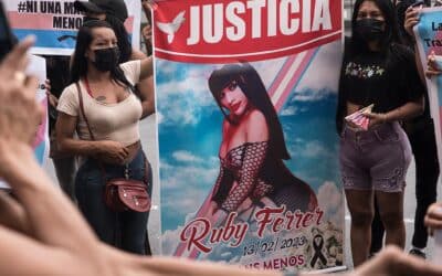 A group of transwomen protest outside the police station in downtown Lima, Peru.