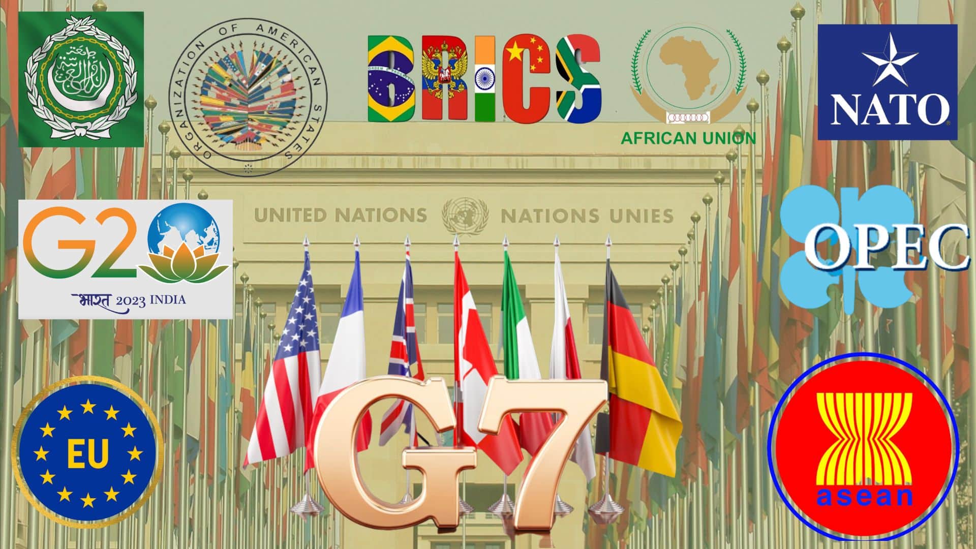 The entrance to the United Nations in Geneva is obscured by the emblems of a dozen international economic and political organizations.