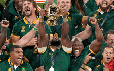 South Africa's Siya Kolisi lifts the trophy after the Rugby World Cup final match between New Zealand and South Africa in 2023.