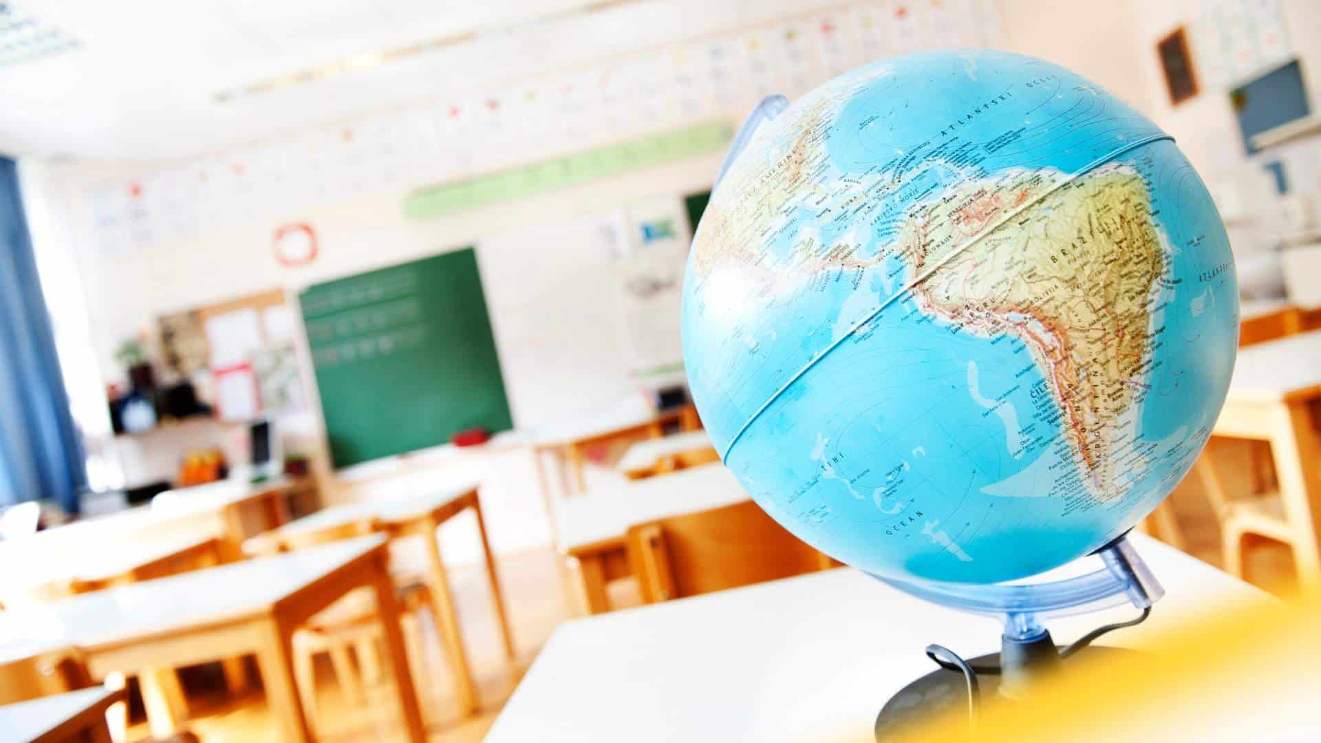 A globe in a classroom. 