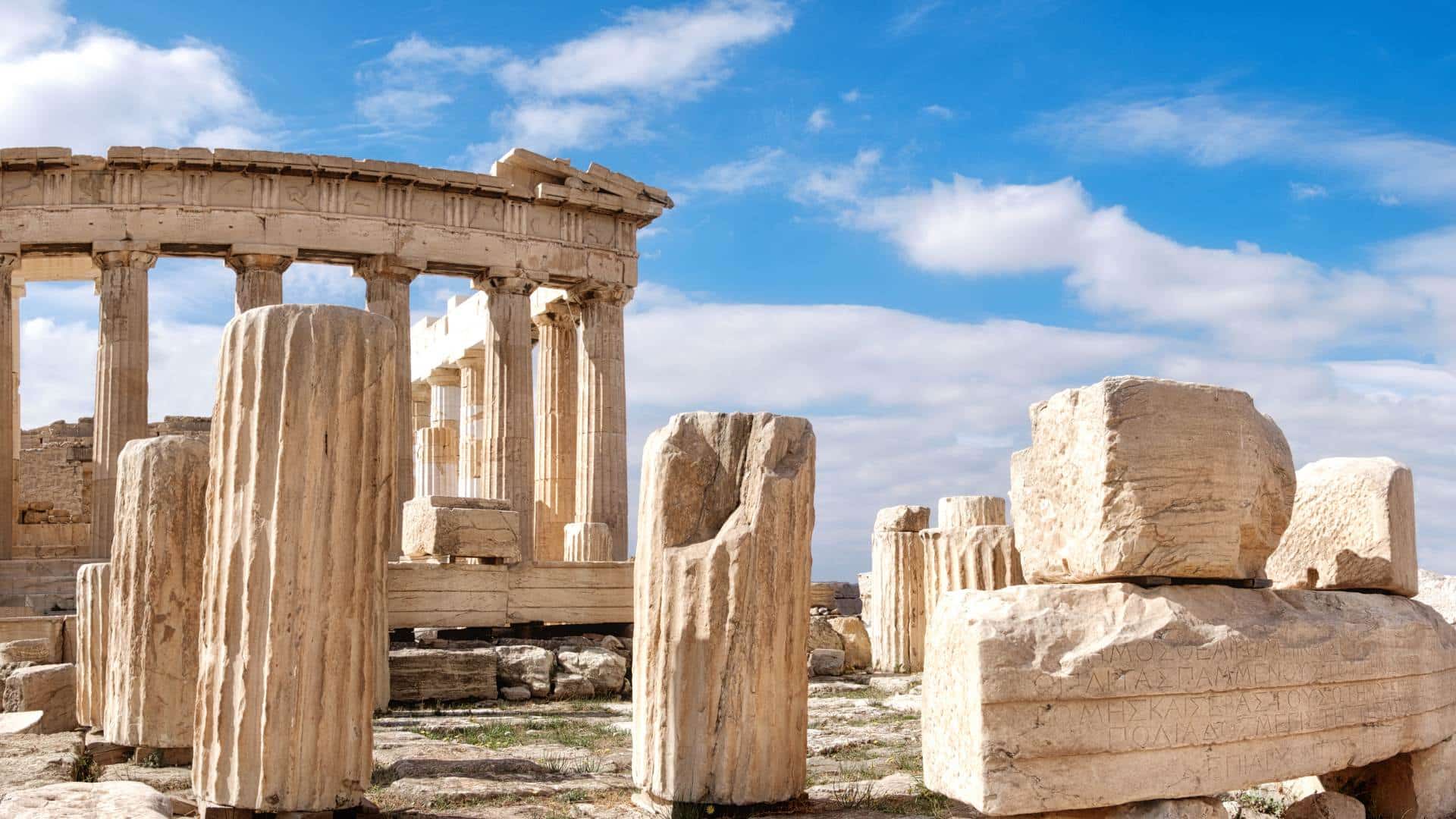 Ancient stones around the Parthenon on the Acropolis in Athens, Greece. 