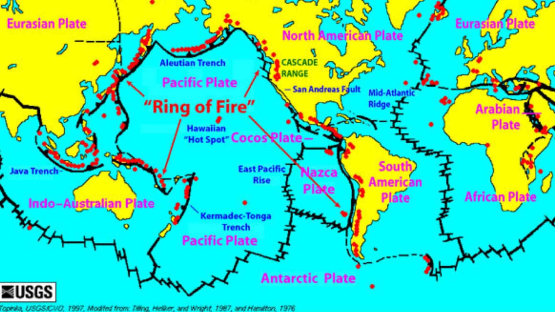 Active volcanoes, plate tectonics and the “Ring of Fire”