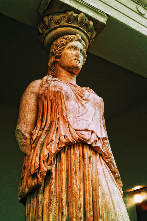 The sixth Caryatid from the Erechtheum on display at the British Museum.