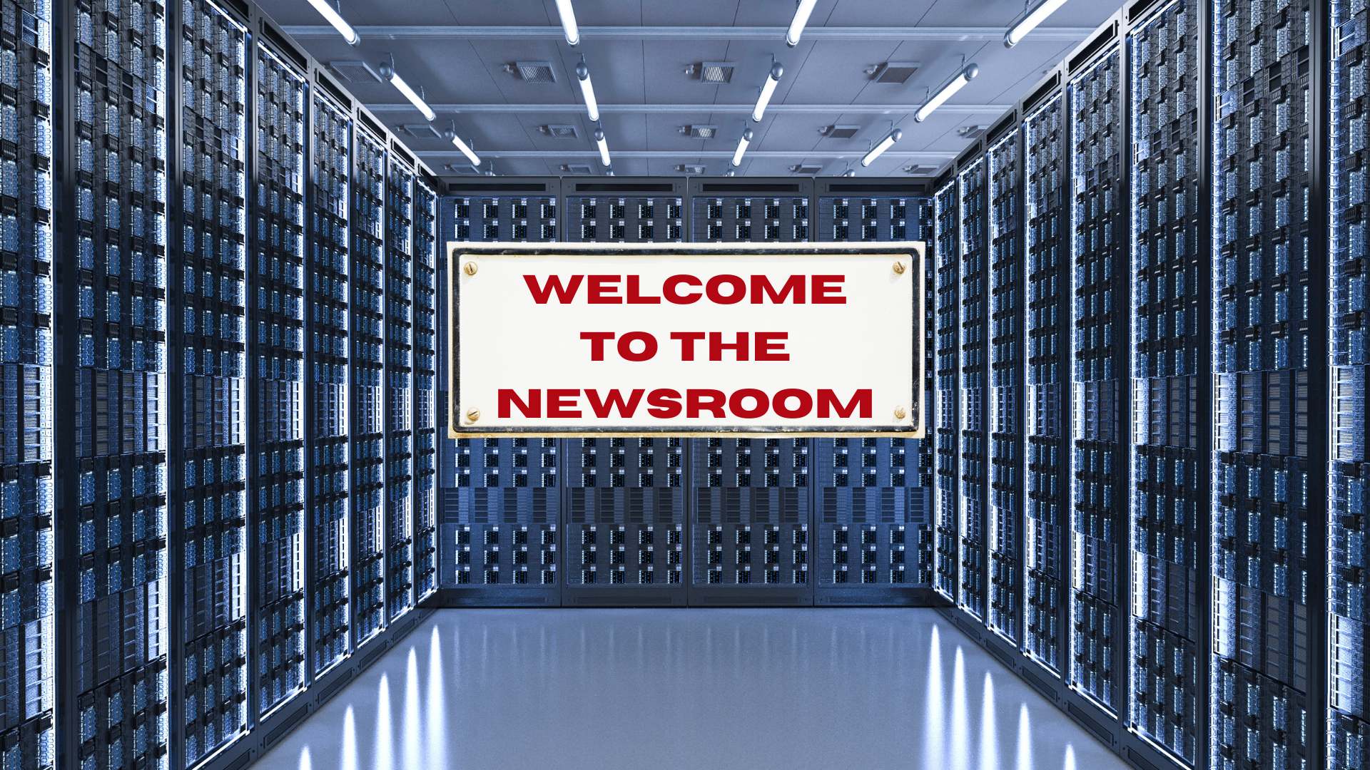 A room filled with computer servers serves as a newsroom.