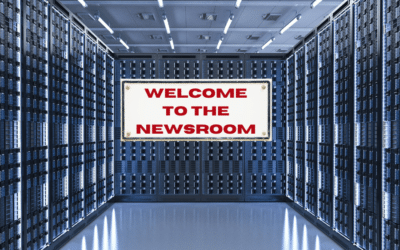 A room filled with computer servers serves as a newsroom.