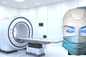 A masked robot next to an MRI machine.