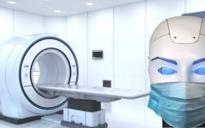 A masked robot next to an MRI machine.