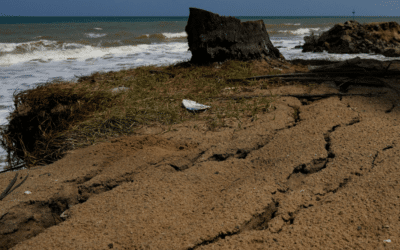 Cracks are visible from coastal erosion on sea shore in Iranawila, Sri Lanka