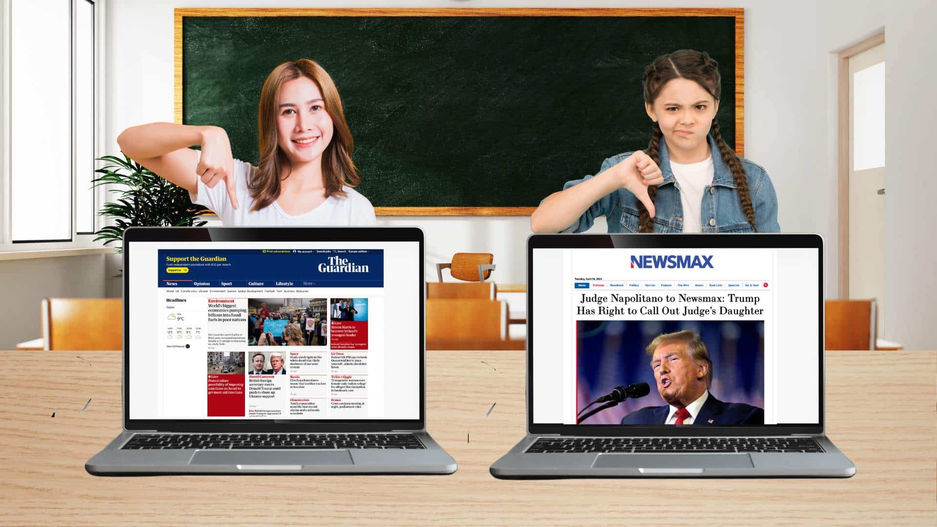 A teen points to a site that can be trusted while another gives a different site a thumbs down. Illustration by News 