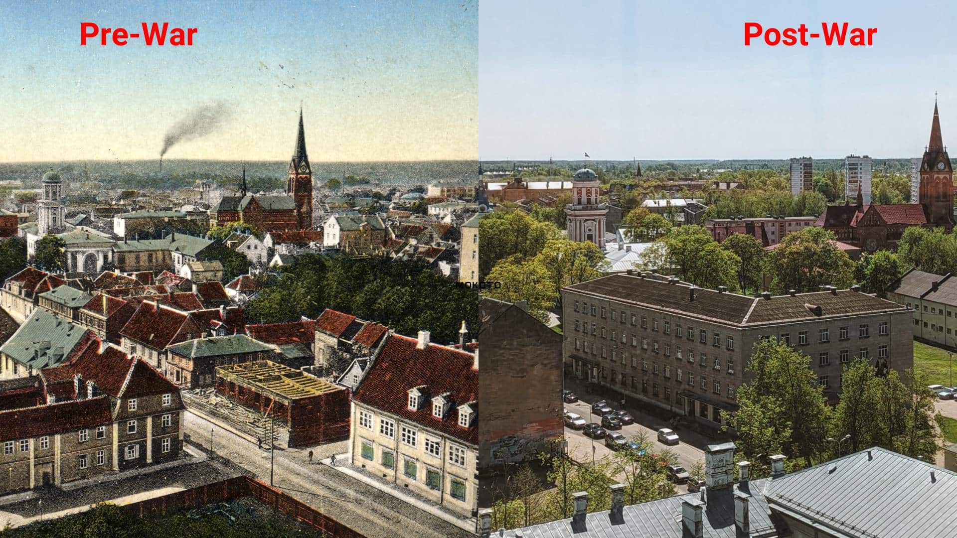 Two photos show Jelgava, Latvia before World War II and now. 