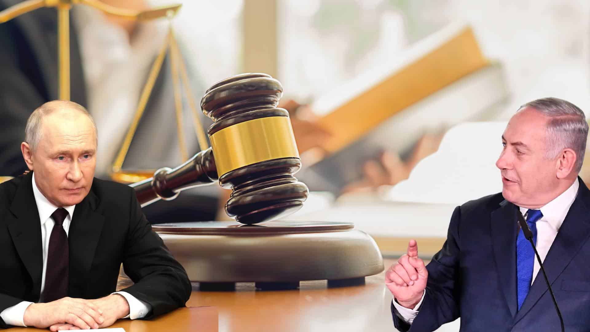 Rule of Law Vladimir Putin and Benjamin Netanyahu against a backdrop of a court