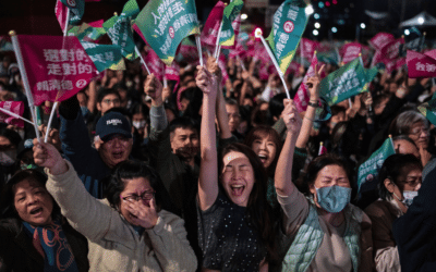 The crowd cheers at a Democratic Progressive Party rally in Taipei, Taiwan, 13 January 2024.