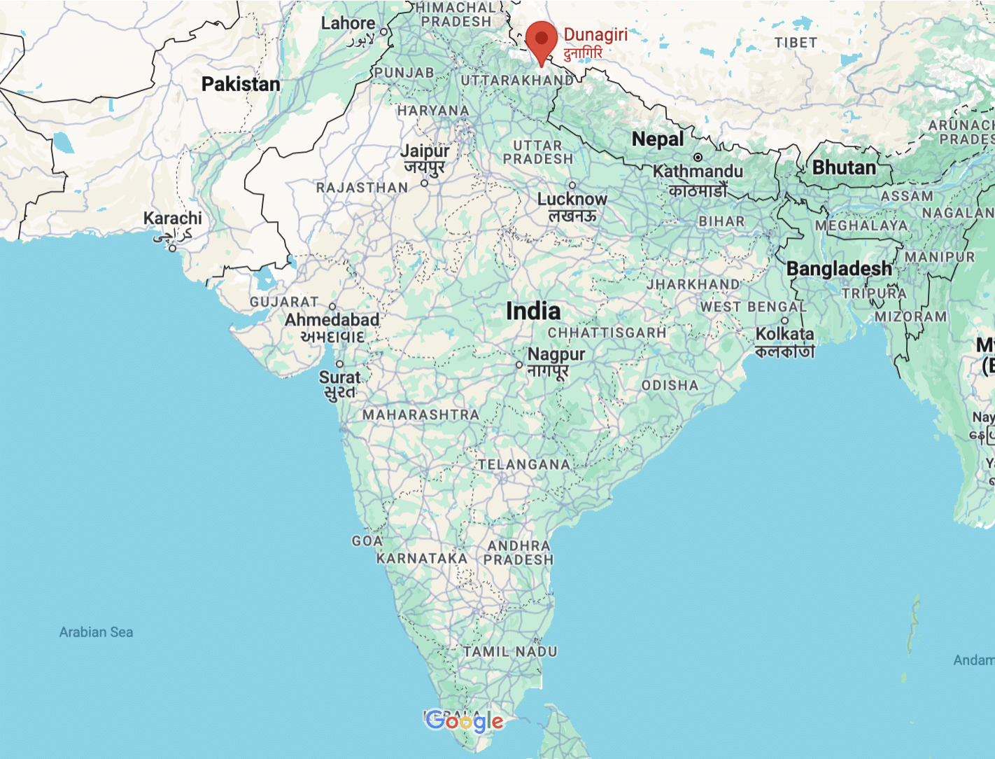 Dunagiri Mountain map Map of India showing the location of Dunagiri Mountaint.