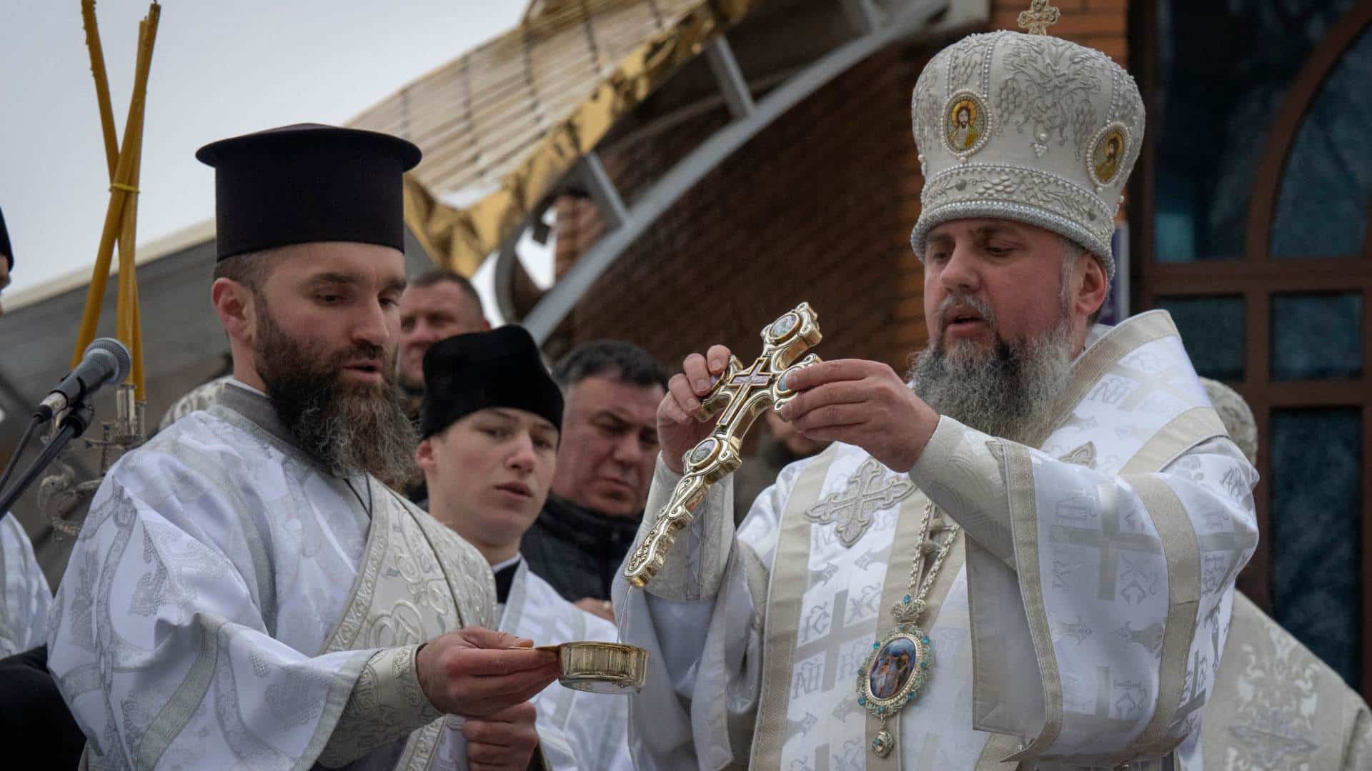 Clerics conduct a service in St.Volodymyr Cathedral on Orthodox Christmas eve in Kyiv.