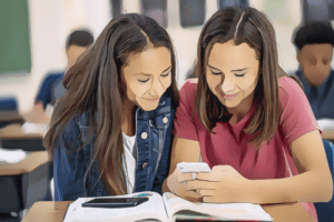 Phones in schools Two girls look at a phone in a class
