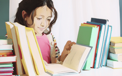 A girl looks at books in a library.