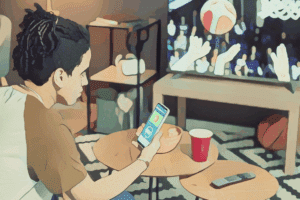 sports betting A teen makes bets on a phone while watching a basketball game on television.