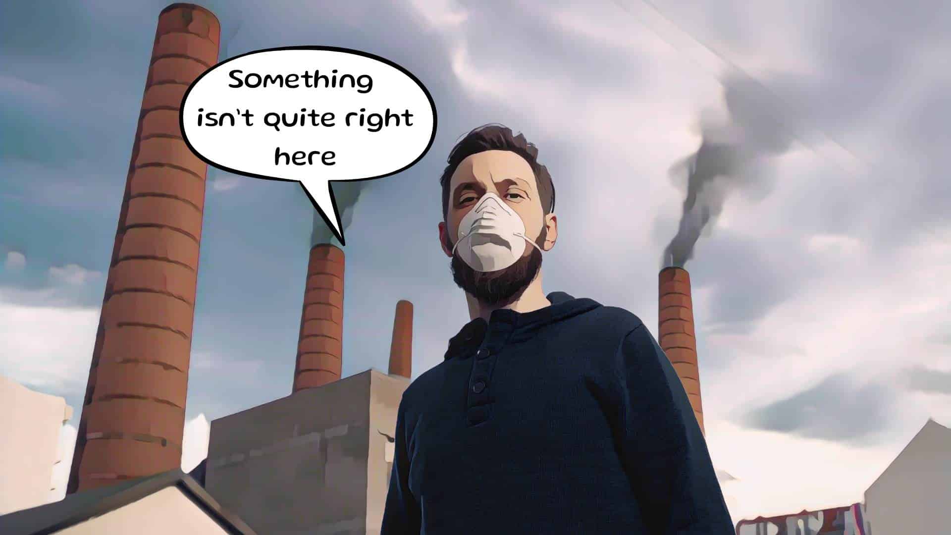 A man wears a mask in a polluted place
