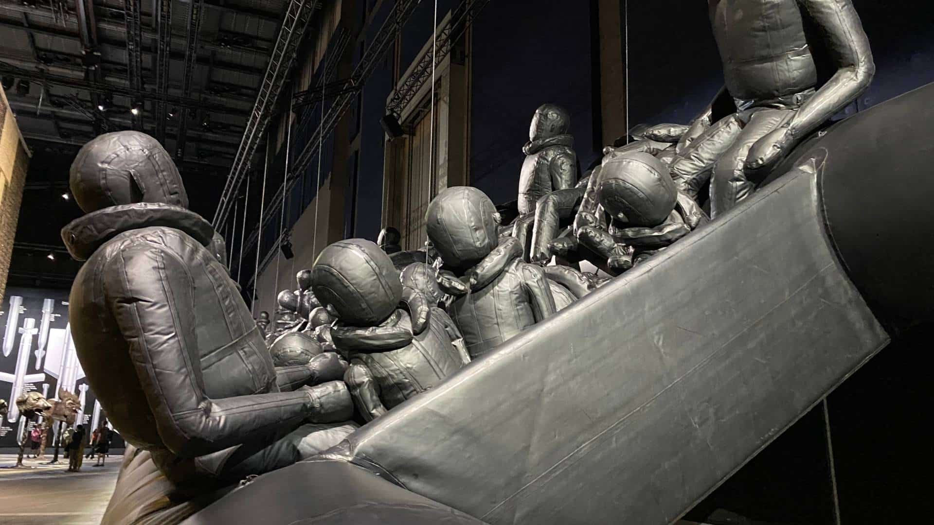 A giant raft filled with refugees all made of polyurethane