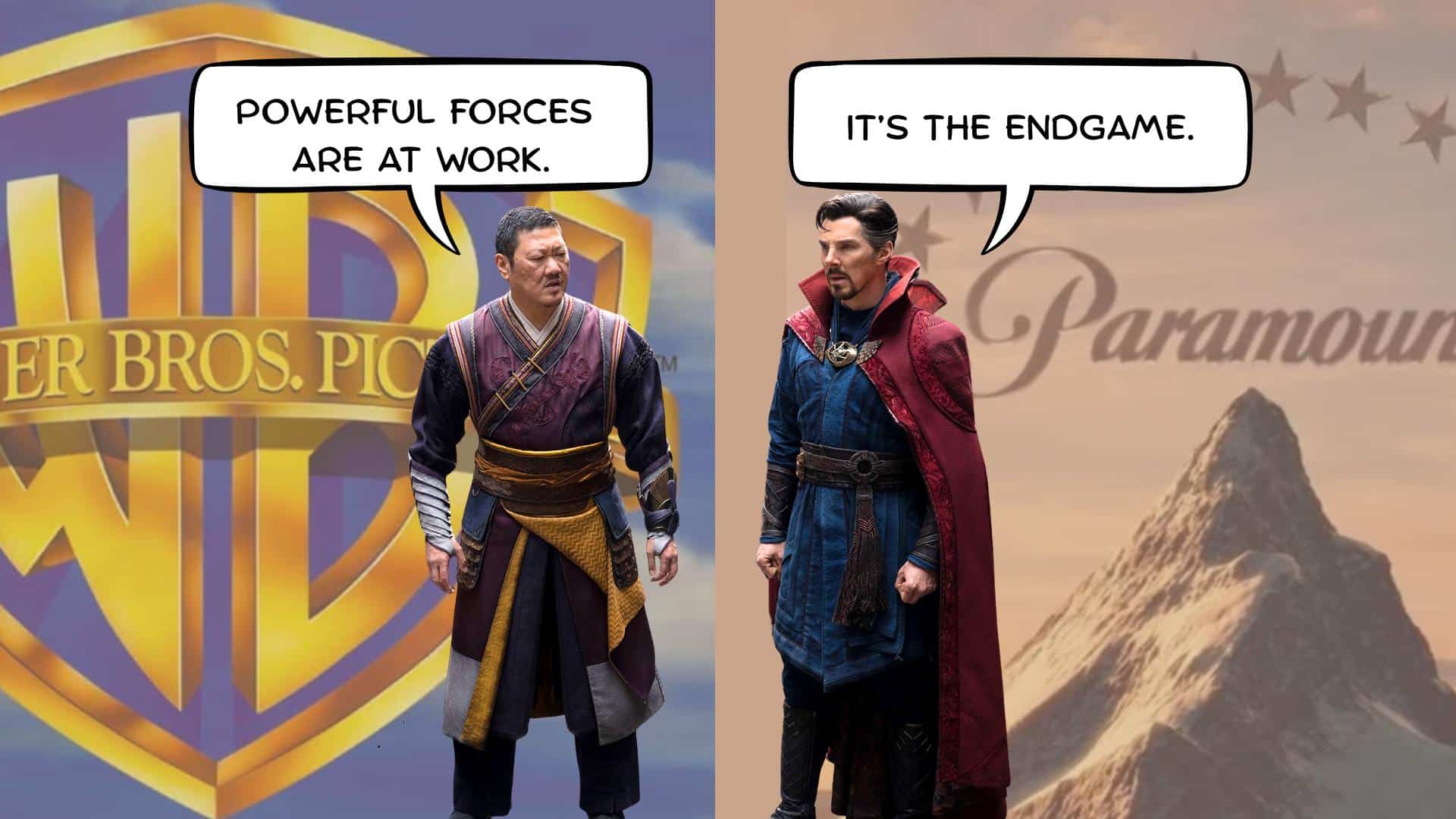 Actors Benedict Wong and Benedict Cumberbatch in their roles in the Dr. Strange movies set against the symbols for Paramount and Warner Brothers. 