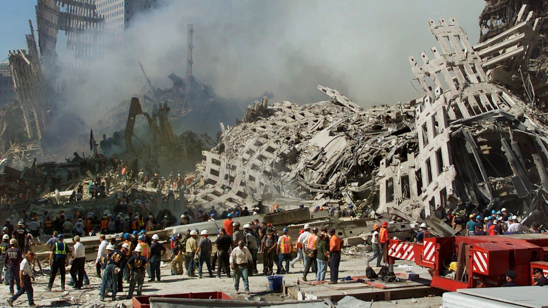 Rescue workers at the rubble of the World Trade Center