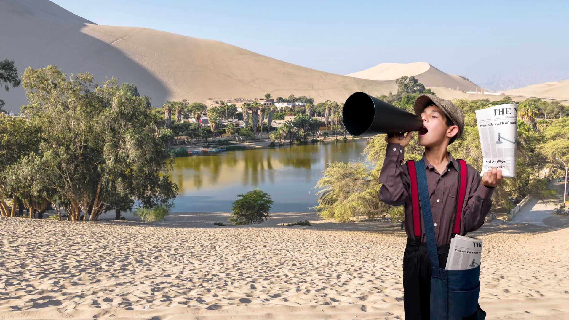 A newsboy announces a new edition in front of a desert oasis. 